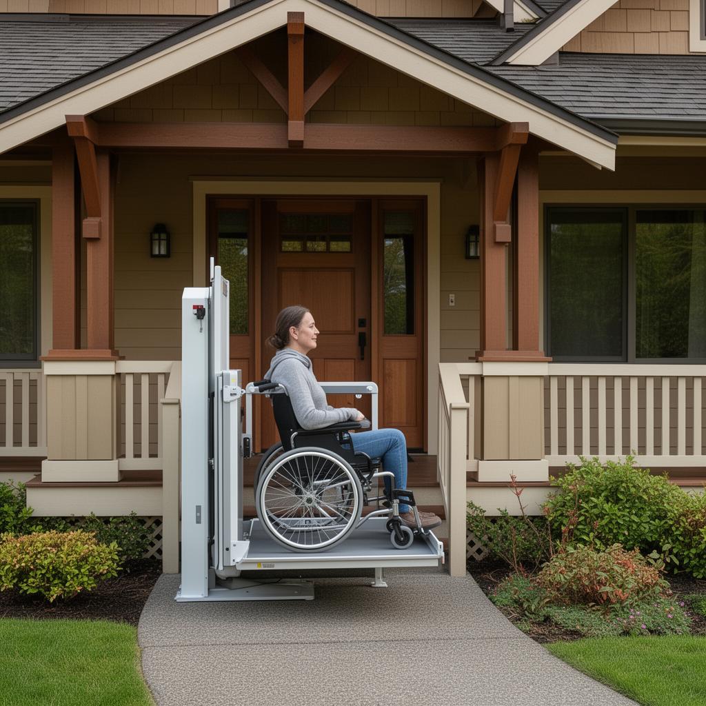 Savaria V-1504 vertical platform lift with wheelchair user in Portland Oregon